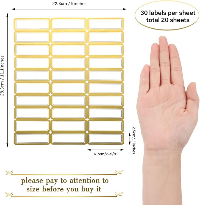20 Sheets Printable Shipping Labels Matte White with Metallic Gold Border, Writable Printable Adhesive Sticker Blank Shipping Labels(30 Pieces/Sheet,1 x 2.7 Inch)