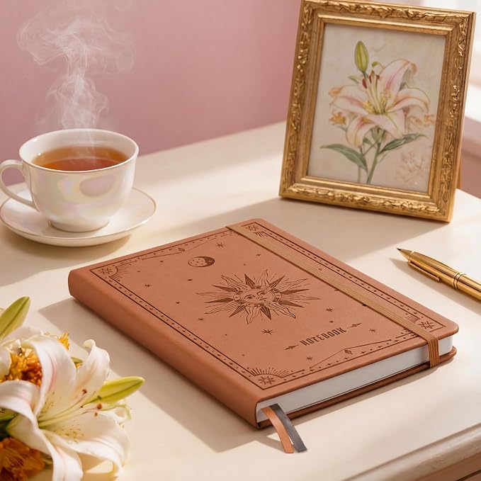 EMSHOI Graph Grid Journal Notebook, 192 Pages, A5 Size (5.7'' x 8.3'') | Leather Hardcover, 100 GSM Thick Paper, for School, Note Taking, Math, Engineering, Sun Debossed (Brown)