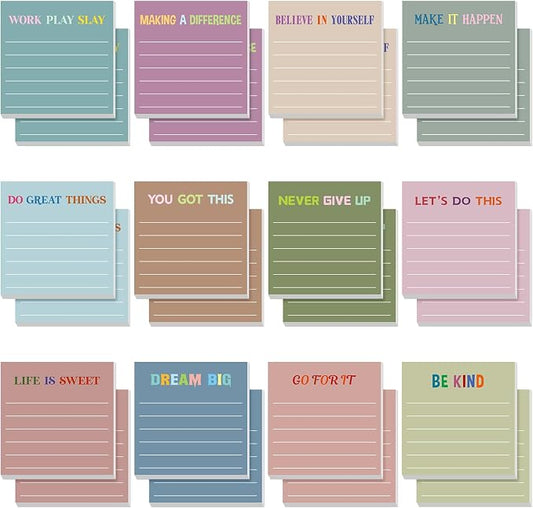 Yinder 24 Pcs Inspirational Sticky Notes, Back to School Supplies, Cute Motivational Sticky Notes Pad Employee Appreciation Gifts Bulk for Teacher Coworker Office 3 x 3'' (Motivational,Morandi)