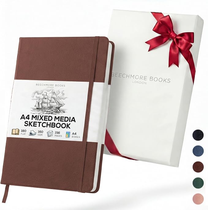 Beechmore Books A4 Mixed Media Sketchbook - 8.5"x11" Hardcover Lay-Flat Art Journal, 160 GSM / 98 lb Professional Ivory Paper, 156 Perforated Pages, Gift Box, Ink, Drawing and Light Watercolor