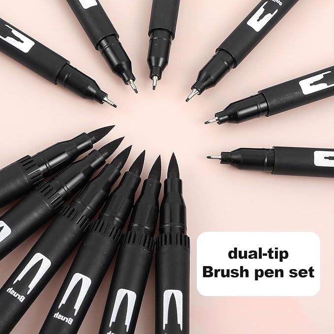 12 Pack Black Drawing Pens Felt Tip Brush Pen Fineliner Ink Pens Dual Tip Brushes Fineliners Pen Waterproof Calligraphy Marker for Art Drawing Watercolor Sketching Anime Beginners Scrapbooking