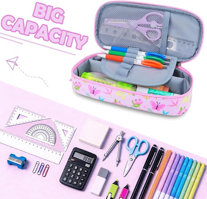 RHCPFOVR Kids Pencil Case for Girls-Soft Zipper Large Capacity Pencil Pouch for Girls Pencil Case for School Pencil Bag for Toddler (Pink Butterfly)