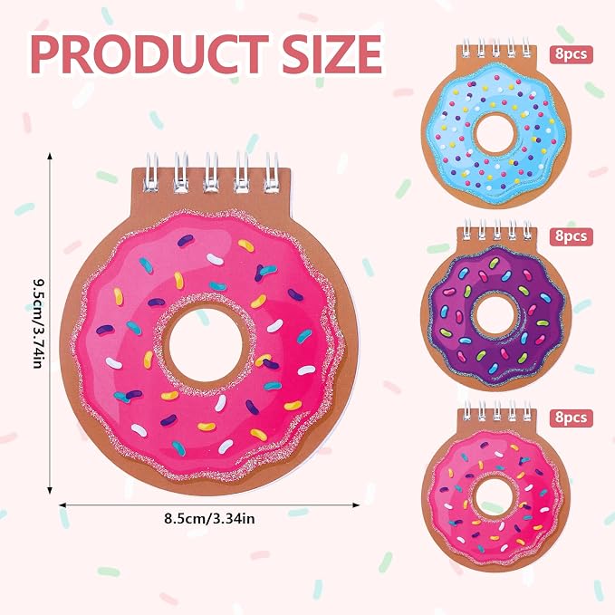 24 Pcs Mini Spiral Notebook Cute Donut Notebook Birthday Notepad Kawaii Donut Memo Pad Notebooks for Kids Party Favors Goodie Bag Stuffers, 3.34x3.74 Inch
