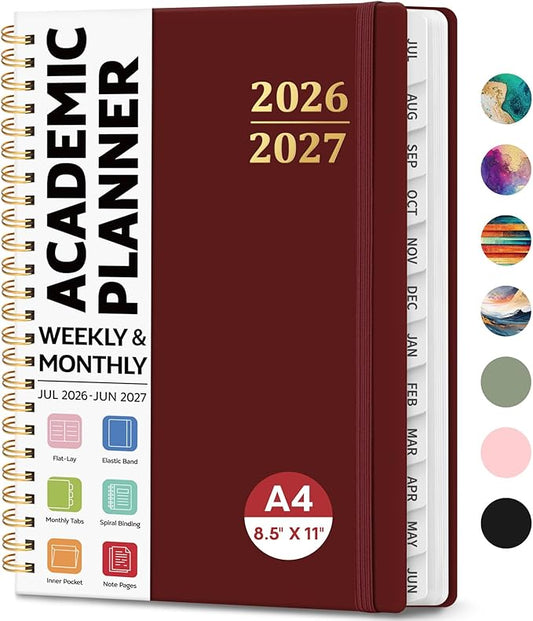 8.5" x 11" Academic Planner 2026-2027, Weekly & Monthly Calendar Planner Book, July 2026 – June 2027, Large Hardcover Organizer with Tabs, Perfect for Teachers, Students, Women & Men – A4, Burgundy