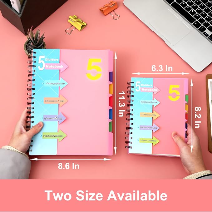 CAGIE 5 Subject Notebook 8.5 x 11, A4 Spiral Notebooks with Dividers Tabs | College Ruled 240 Pages Spiral Notebook for Note Taking, School, Work, Pink