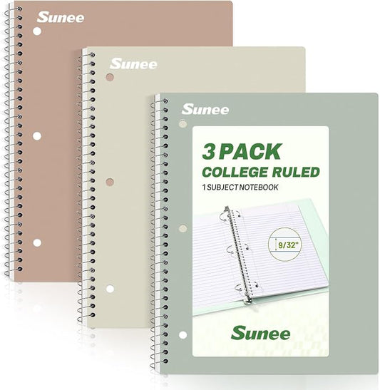 SUNEE Spiral Notebooks, 3 Pack, 1-Subject, College Ruled Paper, 8" x 10-1/2", 70 Sheets per Notebook, Assorted Aesthetic Colors Spiral Notebooks for School
