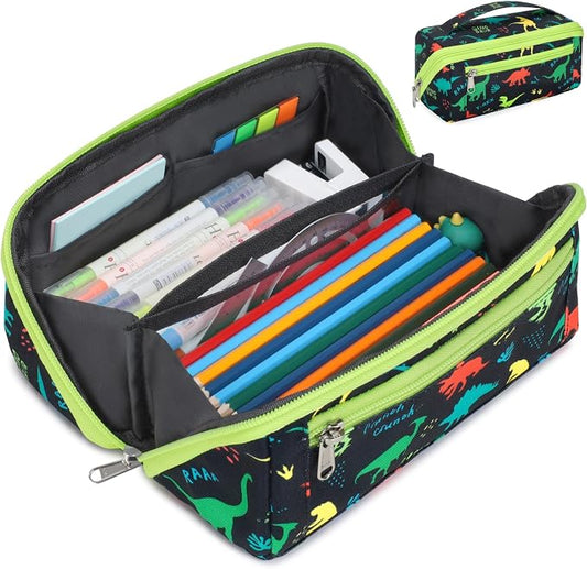 Large Pencil Case for Boys, Durable Kids Pencil Pouch for School, Wide Opening Soft Bag with Handle, Fits 50 Pens & Markers (Black Dinosaur) | Kids Pencil Case & Wide Handle, Water Resistent Organizer Box, Fits 50 Pens & Markers, Daily Use, Black Dinosaur