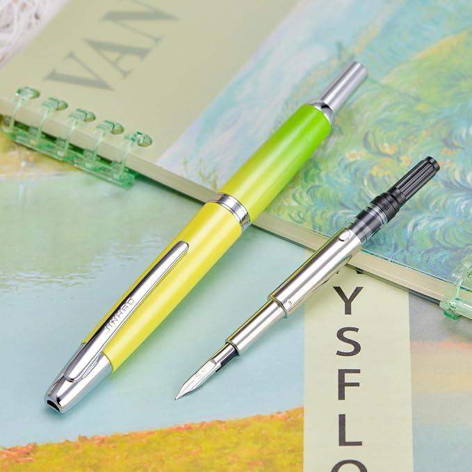 Jinhao 10 Press Fountain Pen with Box, Gradient Green Retractable Fine Nib with Ink Converter Set (Silver Clip)