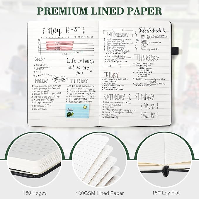 OMEYA A5 Hardcover Notebooks for Work: 3 Pack, 100gsm Paper, 160 Pages Each | College-Ruled, 5.75" x 8.38", PU Leather Hardcover, 3 Pens, 2 Inner Pockets, 180° Lay-Flat, For Business, School