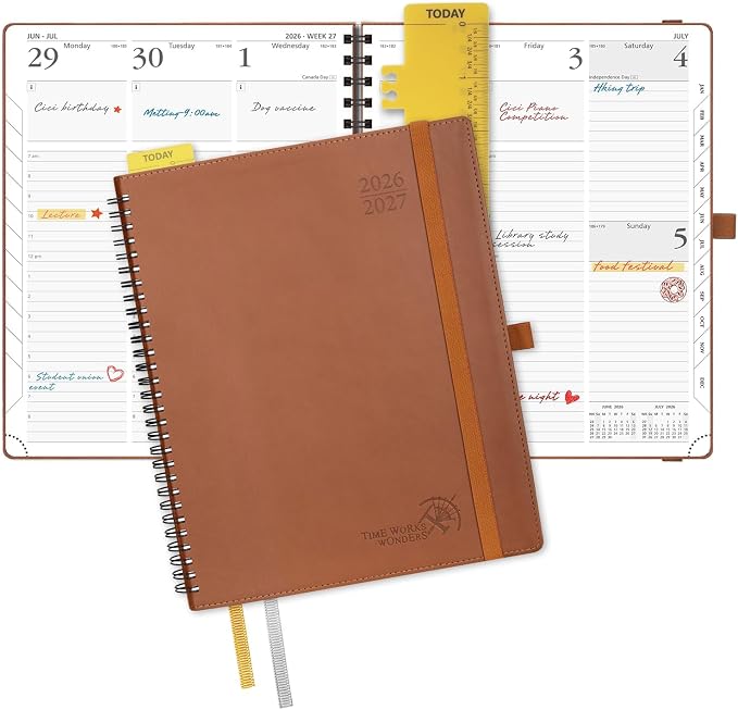 POPRUN Planner 2026-2027 (Large - 8.5'' x 10.5'') Academic Weekly Planner | Calendar(July 2026 - June 2027) Appointment Book with Hourly Time Slots, Monthly Tabs, 100GSM, Spiral Leather Cover - Brown