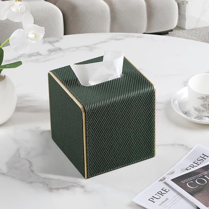 Square PU Leather Tissue Box Cover with Magnetic Closure, Decorative Tissue Holder & Storage Container for Bedroom, Living Room, Dining Room, Bathroom, Countertop, Desk (Square Dark Green Twill)