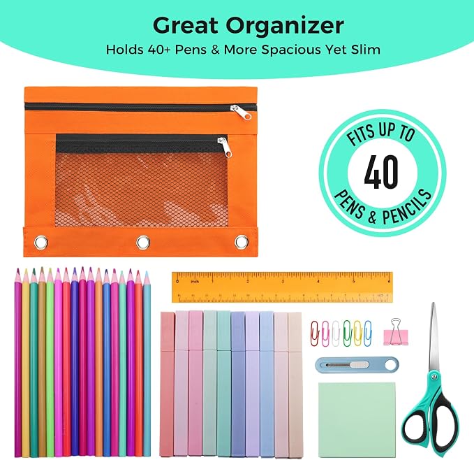 Pencil Pouch for 3 Ring Binder, Pencil Case with Zipper, 600D Fabric Pencil Pouch Bag Holder Accessories, Clear Window Pencil Case Aesthetic Back to School Organizer Pockets for Boy Girl (Orange)