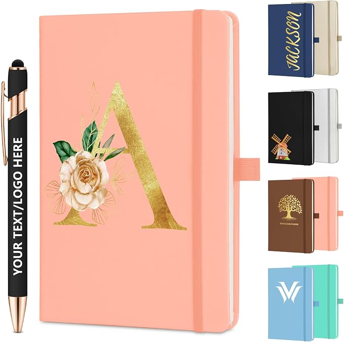 ENOMY Personalized Notebook Journal & 10 PC Pens Gift Set Custom Notebook A5 200 Pages A5 Lined Journal for Men Women Hardcover Notebooks for Work College Graduation Gifts, Pink