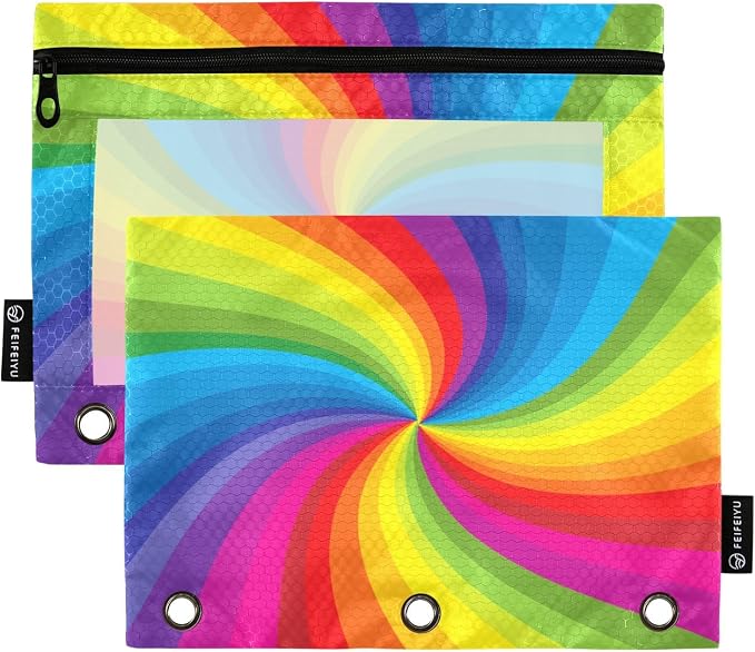 Rainbow Pencil Pouch Fits Standard 3-Ring Binders, Zipper Binder Pencil Bag with Clear Window for Class Office 2 Pack