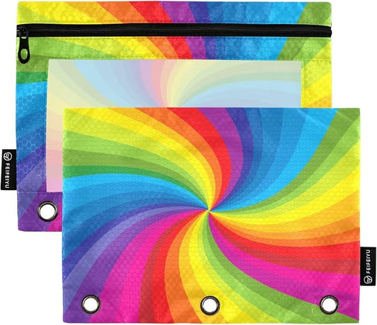 Rainbow Pencil Pouch Fits Standard 3-Ring Binders, Zipper Binder Pencil Bag with Clear Window for Class Office 2 Pack