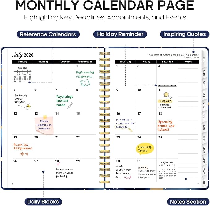 Planner 2026-2027, Academic Year Monthly and Weekly Calendar Planner, Jul 2026 - Jun 2027, Hardcover Teacher Student Planning Agenda book with Tabs, Perfect for School Office Supplies, 6.3" x 8.5" - Starry Night