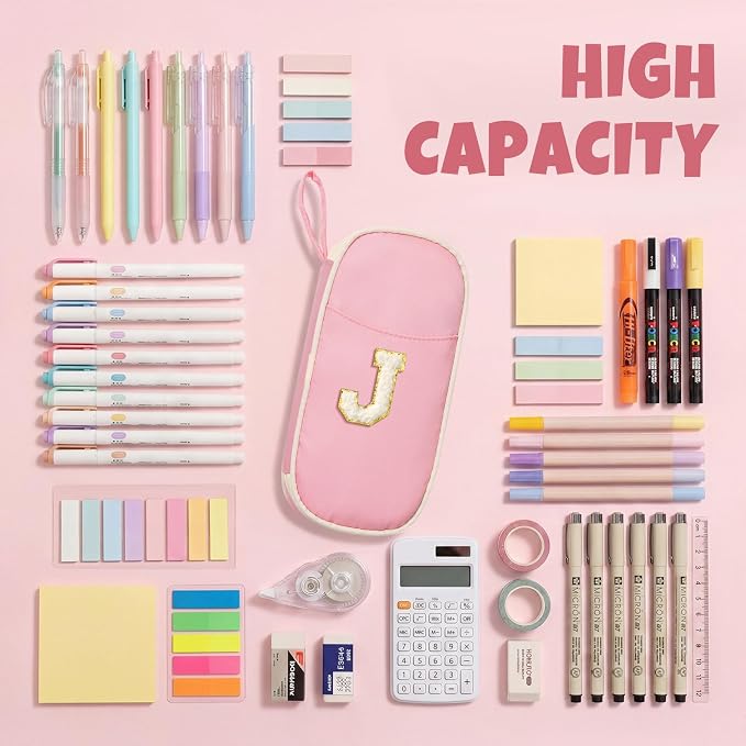 SUNEE Cute Pencil Case, Kawaii Big Capacity Pencil Pouch, Personalized Initial Pencil Bag with Zipper, Stationery Storage and Organizer, Back to School Supplies, Pen Box for Girls & Boys, Teen, J-Pink