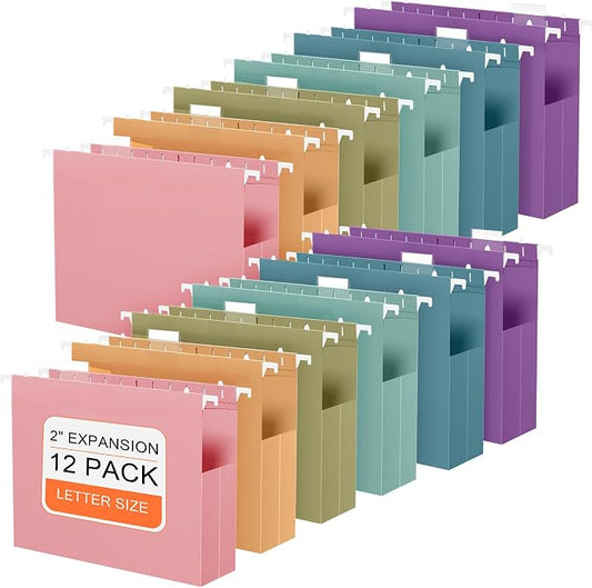 12 Pack Extra Capacity Plastic Hanging File Folders Letter Size | 2" Expanding File Folders with 1/5-Cut Adjustable Tabs, Hanging File Organizer with Clear Tabs for File Cabinet & Drawer