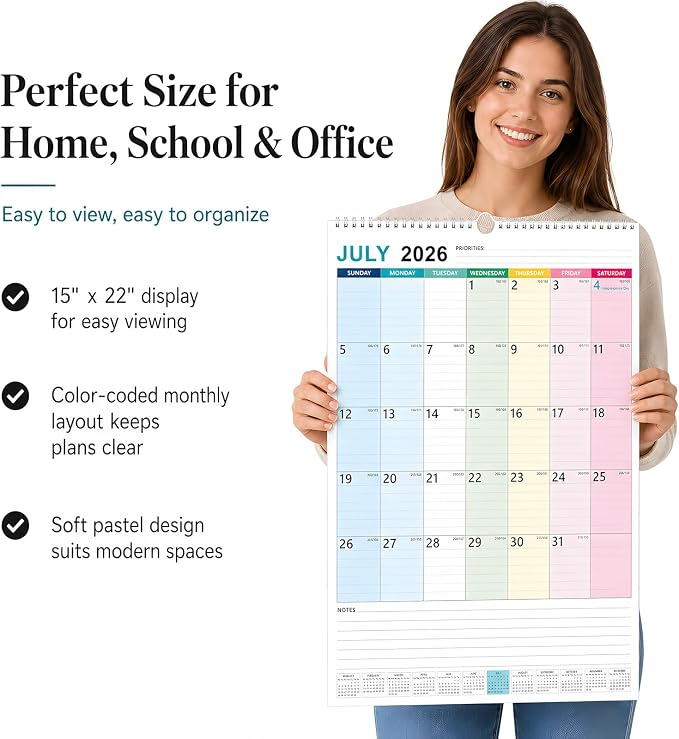Large Wall Calendar 2026-2027, 18 Month Vertical Wall Calendar Jul 2026 – Dec 2027, 15" x 22" with Thick Paper & Large Blocks for Home Office Colorful