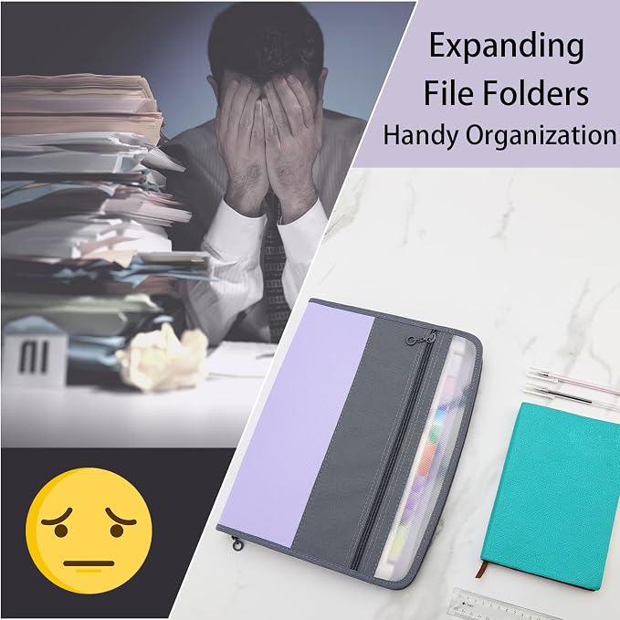 NAFY Accordian File Organizer, 13 Pockets Expanding File Folder with Zipper, A4 Letter Size Portable Accordion Expanding File Folders with Multicolor Labels for Office School Supplies (Black+Purple)