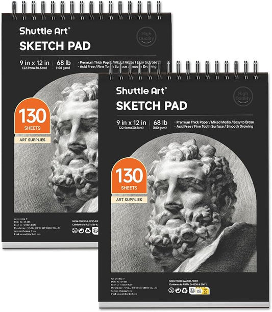 Shuttle Art 9”x12” Sketch Pad, 260 Sheets (68lb/100gsm) Drawing Pad, Pack of 2, 130 Sheets Each, Spiral Bound Sketch Book, Durable Acid-Free Drawing Paper, Great Sketch Pad for Kids, Teens & Adults