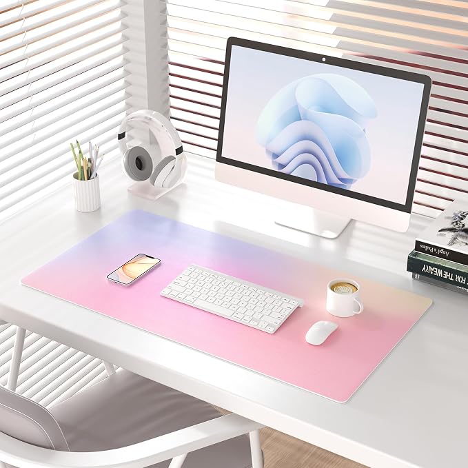Colorful Star Large Mouse Pad Pink Aesthetic, 31.5 x 15.7 in | Cute Girly Desk Mat PU Leather Laptop Mat, Waterproof Non-Slip Desk Mat for Office Accessories Women& Girl