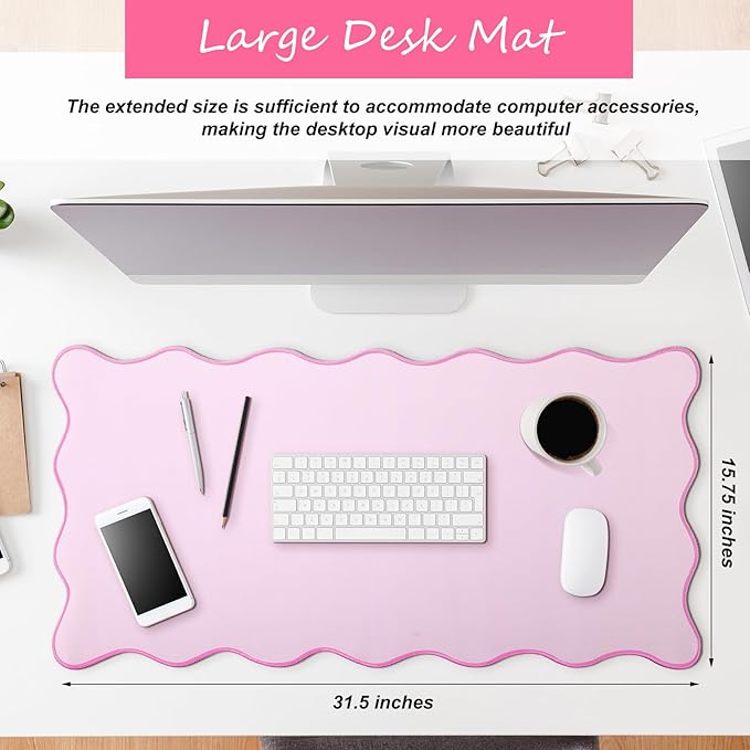 Hahafelt Scalloped Desk Mat Large Desk Pad Cute Coquette Table Mat Back to School Preppy Table Make up Pad Nonslip Graduation Gift with Stitching Waterproof Gaming(Pink,31.5 x 15.8 Inches)