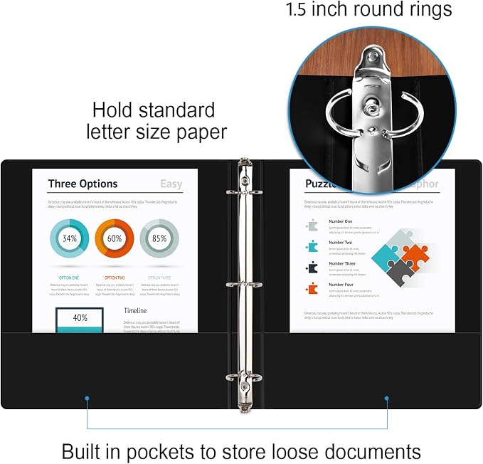 COMIX Sturdy 3 Ring Binder 1.5 inch with Clear View Cover, 1-1/2" Round Ring View Binder, PVC-Free, 2.4mm-Thick, 300 Sheets Capacity of US Letter Size Paper, Office ＆ School Supplies, 6 Pack (Black)