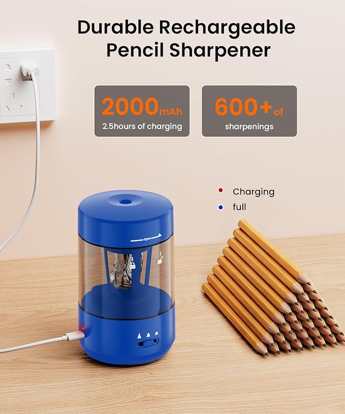 Electric Pencil Sharpener for Classroom, Fully Automatic Pencil Sharpener for 6-8mm Pencils & Colored Pencils, Auto in & Out Type-C Rechargeable Pencil Sharpeners for Home, School, Dark Blue