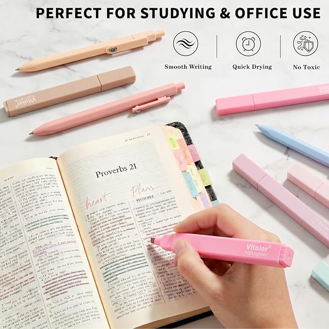 Piochoo Highlighters and Pens Set, 6pcs Cute Pastel Highlighters,6pcs 0.5mm Black Ink Gel Pens Quick Drying for Bible Studying Journaling Office School Supplies