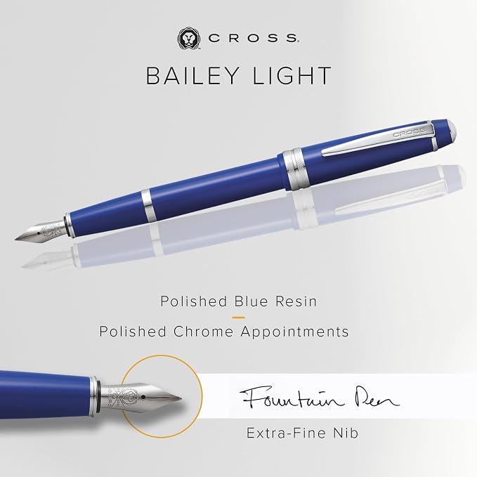 Cross Bailey Light Polished Blue Resin Extra-Fine Nib Fountain Pen - Professional Pen for Effortless Writing - Journaling, Note-Taking & More - Black Ink - Easy Handling - Includes Gift Box