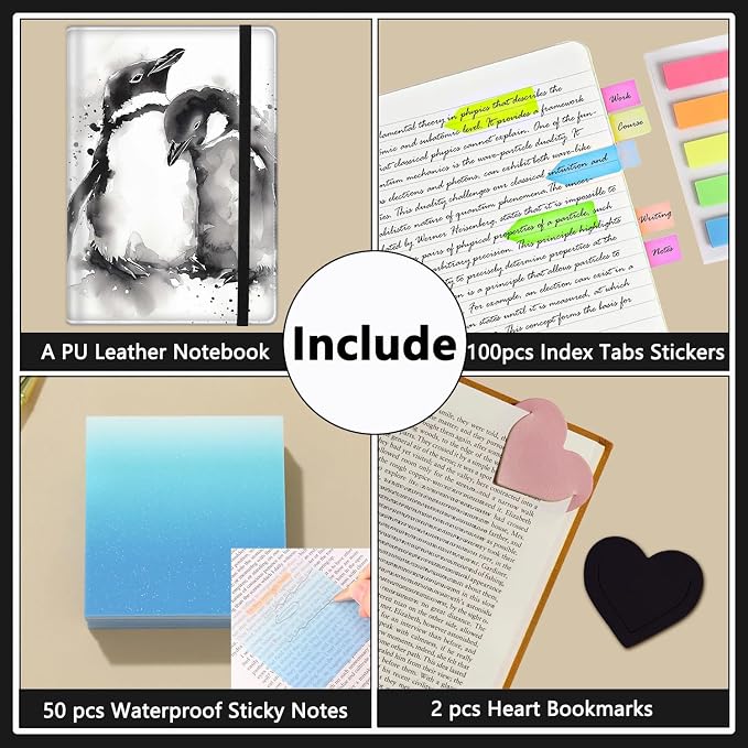 A5 Leather Lined Journal Notebook, 200 Pages Hardcover Executive Notebook for Men Women Office School Note Taking, Thick Writing Paper Daily Journal with Bookmarks/Indexes, Penguin Watercolors