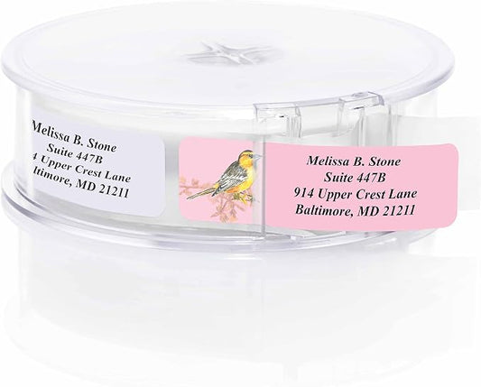 Birds Designer Assorted Rolled Address Labels with Elegant Plastic Dispenser
