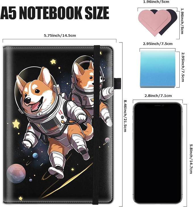 Hardcover Executive Notebooks, A5 PU Leather Lined Journal Notebook, 200 Pages Thick Paper Subject Notebooks for School,Work,Home Writing Business Notebook, Diary Book ， Space Corgi Dog