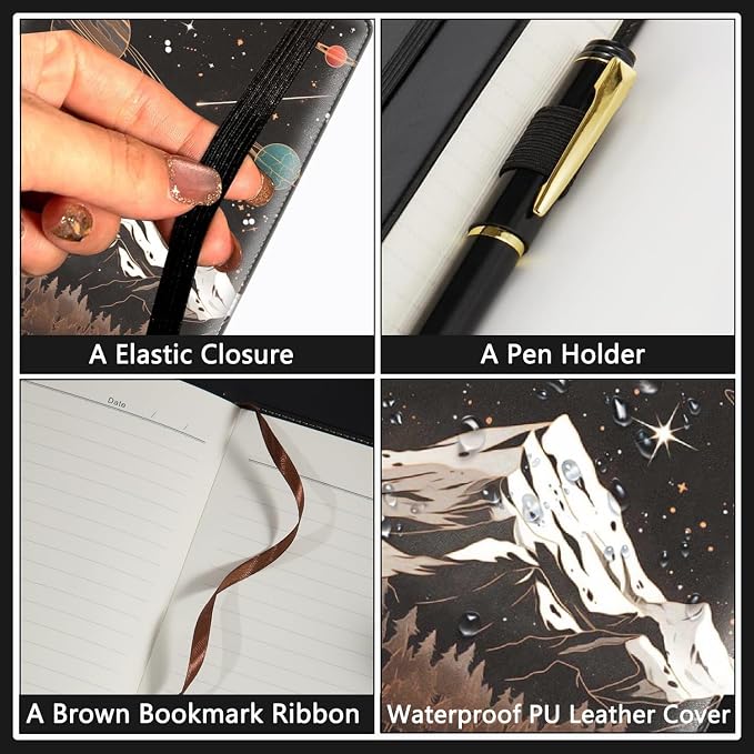 A5 Leather Lined Journal Notebook, 200 Pages Hardcover Executive Notebook for Office School Note Taking, Thick Writing Paper Daily Journal with Bookmarks/Indexes, Universe Galaxy Stars Mountain