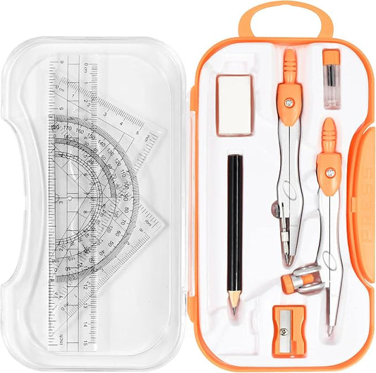 Unjoo Geometry Set 10 Pcs Student Supplies, Protractor and Compass (Orange） | Shatterproof Storage Box,Rulers,Protractor,Compass,Eraser,Pencil Sharpener,Lead Refills,Pencil,for Classroom, Back to School