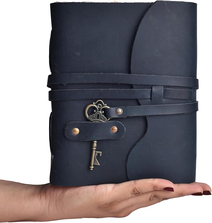 LEATHER VILLAGE Vintage Leather Journal – 200 Handmade Vintage Deckle Edge Paper – Leather bound Journal For Women Men – Vintage Key Closure - Book of Shadows - Blue - 10X7 inches