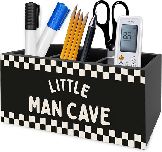 Boys Room Pen Pencil Holder Organizer for Desk, Little Man Cave Black Checkered Wooden Box Signs Decorations for Kids Boys Nursery Bedroom Playroom Desk Tabletop, Race Car Room Decor