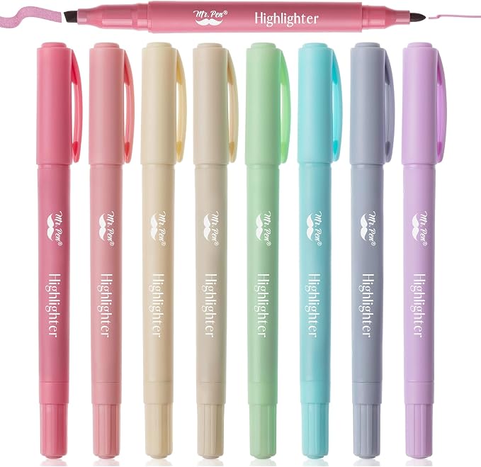 Mr. Pen- Dual Tip Highlighters, 8 Pack, Fine & Chisel | Cute Highlighters Assorted Colors, Dual Tip Markers
