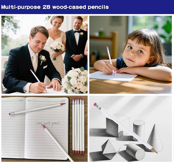 Adhere 25pcs Woodcase Pencils with Eraser Premium Pre-Sharpened Hexagon Graphite 2B pencils ideal for home, office writing including a Free Sharpener(White・25pcs)