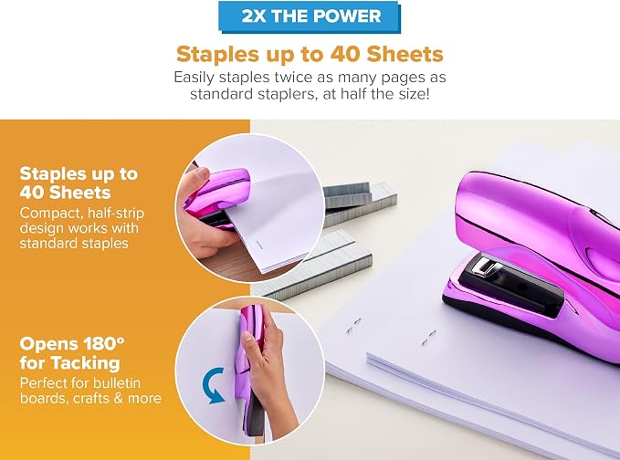 Bostitch Office Heavy Duty 40 Sheet Stapler with 1250 Staples & Claw Remover, Small Stapler Size, Fits into The Palm of Your Hand, Value Pack, Metallic Purple (B175-PURPLEM-VP)