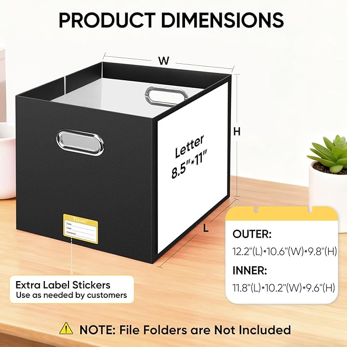 BALEINE File Organizer Box, Cardboard File Folder Organizer with Handle for Letter Size, Portable Collapsible Hanging Filing Box for Home Office Document Storage (2 Pack, Large Black)