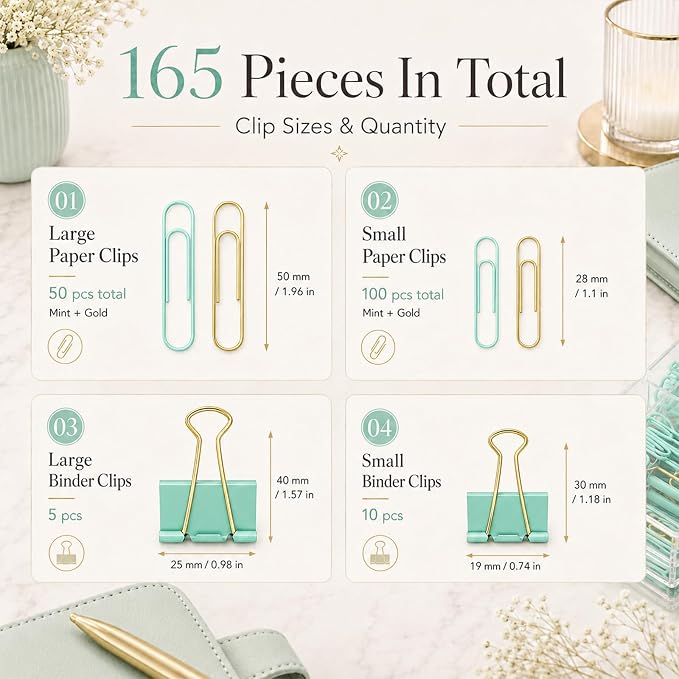 Green and Gold Paper Clips Binder Clips Set with Storage Box, 165 Psc, Assorted Size Decorative Office Clips, Cute Desk Accessories for School, Home Office, Planner, Journal and Documents