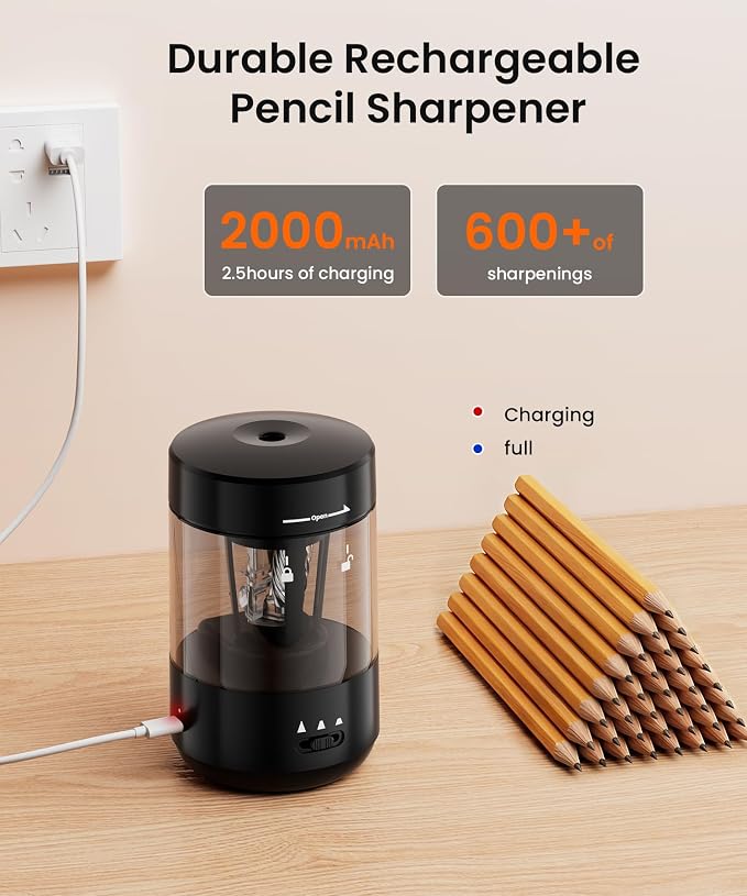 Electric Pencil Sharpener for Classroom, Fully Automatic Pencil Sharpener for 6-8mm Pencils & Colored Pencils, Auto in & Out, Type-C Rechargeable Pencil Sharpeners for Home, School, Black