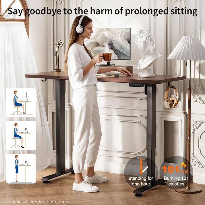 Veken 47.2 Inch Large Electric Standing Desk, Gaming Table, Walnut | Height Adjustable Sit Stand Up Computer Tables for Home Office, Study , Writing, Suit students, employees and group work