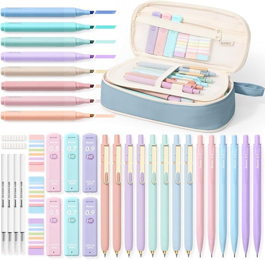 SUNEE 54PCS Aesthetic Stationery Set with Cute Pencil Case, 8 Color Pastel Highlighters, 8 Black Gel Pens, 6 Mechanical Pencils & Refills, College School Supplies for Students Girls Blue