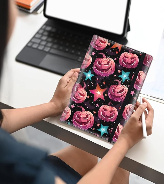 A5 Leather Lined Journal Notebook, 200 Pages Hardcover Executive Notebook for Men Women Office School Note Taking, Thick Writing Paper Daily Journal with Bookmarks/Indexes, Halloween Pink Pumpkin