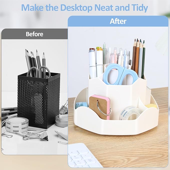 Zevemomo Pen Holder for Desk, 360 Degree Rotating Pencil Desk Organizer, Pen Organizer with 9 Slots, Large Capacity Pen Holder, Desktop Storage Stationery Supplies Organizer, Beige