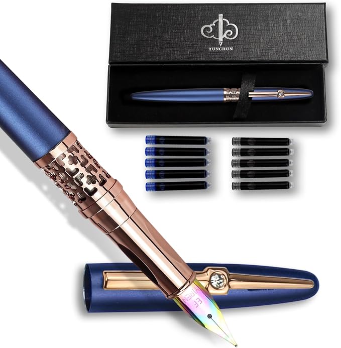 YUNCHUN Refillable Fountain Pen Medium Nib, Fancy Ink Pen with 10 Black & 10 Blue Ink Refills Cartridges, Cool Ink Pens for Writing, Business Metal, Best Gift Set for Men & Women, Blue
