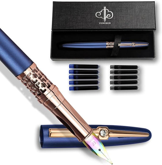 YUNCHUN Refillable Fountain Pen Medium Nib, Fancy Ink Pen with 10 Black & 10 Blue Ink Refills Cartridges, Cool Ink Pens for Writing, Business Metal, Best Gift Set for Men & Women, Blue